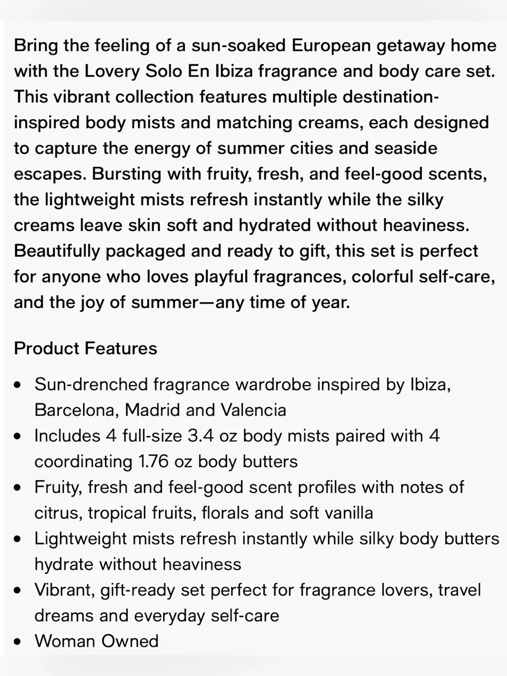 New 8 Piece Solo en Ibiza Body Mist & Cream Gift Set MSRP $149 Cult Favorite
